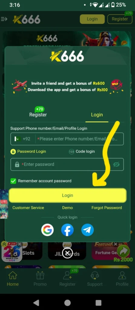 K666 Game login dashboard